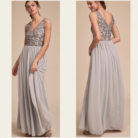 New BHLDN Mischa 8 | M Blue Grey Embellished Bodice Chiffon Maxi Gown - Picture 3 of 8